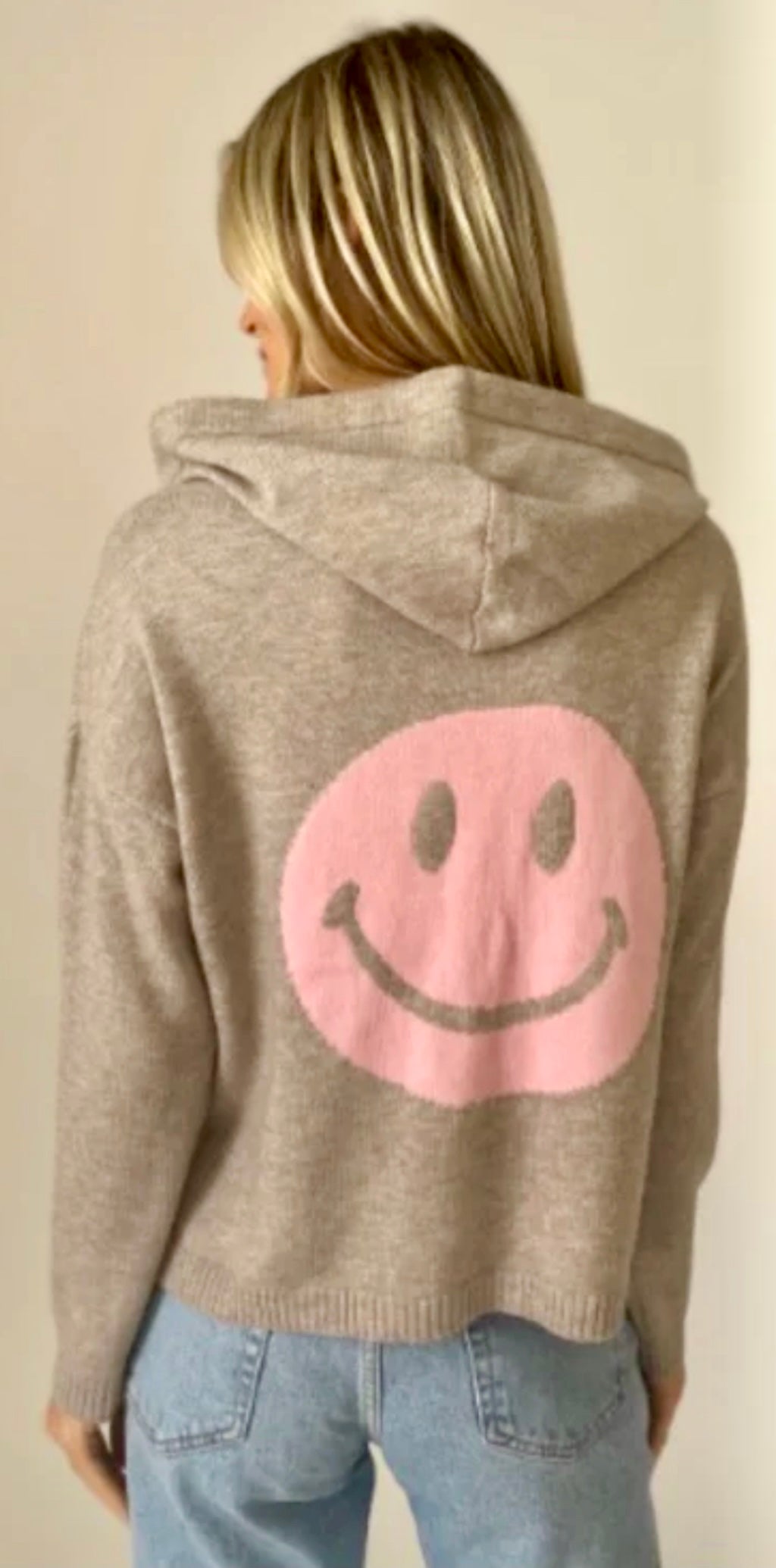 Six Fifty heather grey/pink smiley back knit hoodie