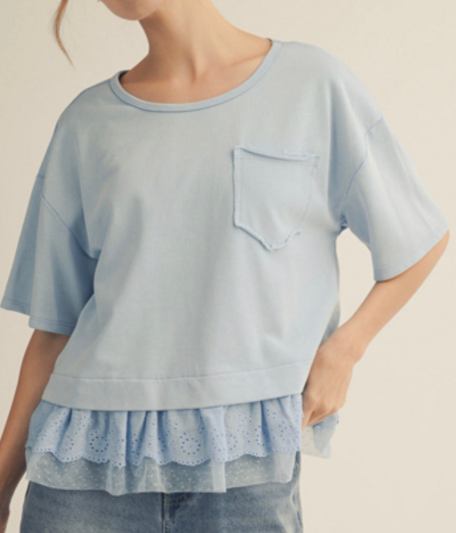 PREORDER NOW, Arriving Friday…Sky blue pocket top with eyelet bottom