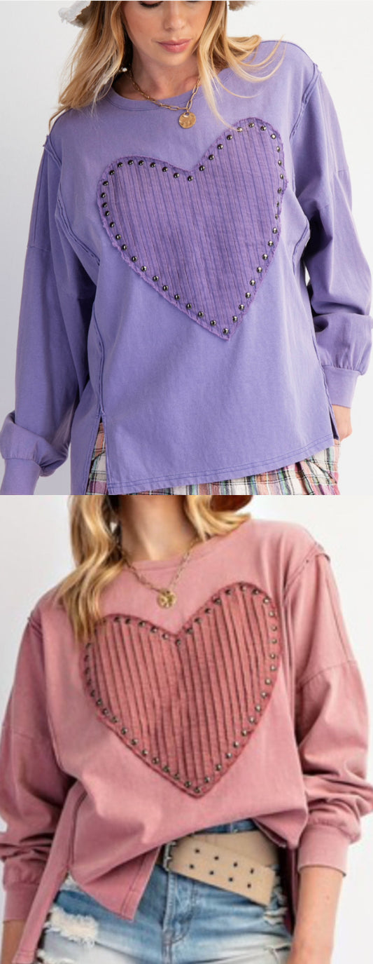 long sleeve top with studded heart patch