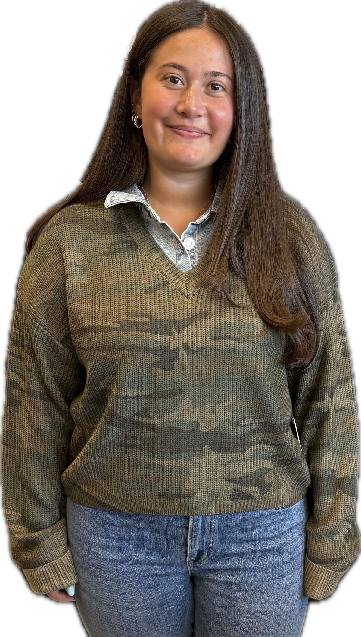 Vintage Havana camo sweater with attached denim collar