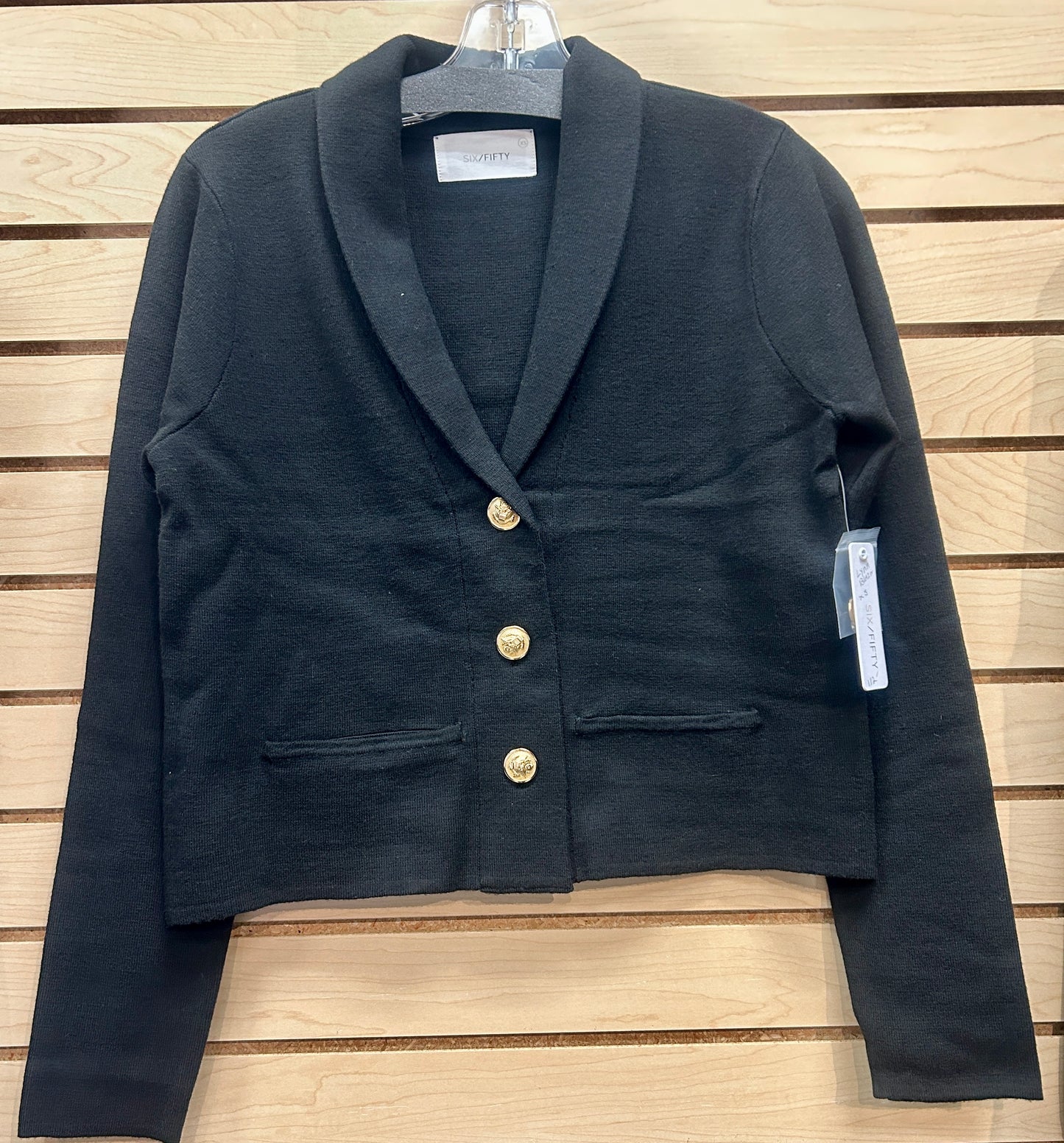 Six Fifty black Lynn knit blazer with gold buttons
