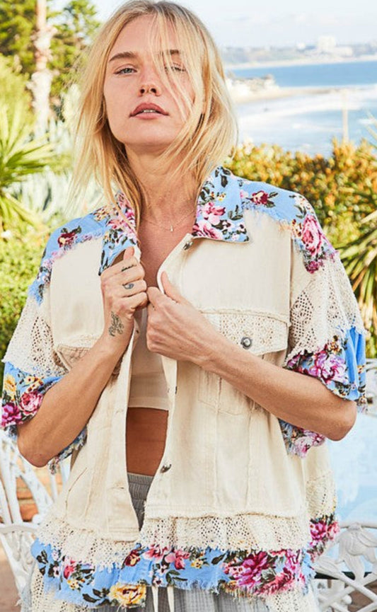 PREORDER NOW, Arriving Friday...Ivory button down half sleeve jacket with floral and crochet trim