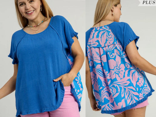Plus size ocean blue top with print back