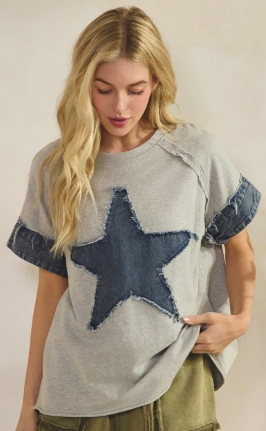 Grey top with denim star and sleeves