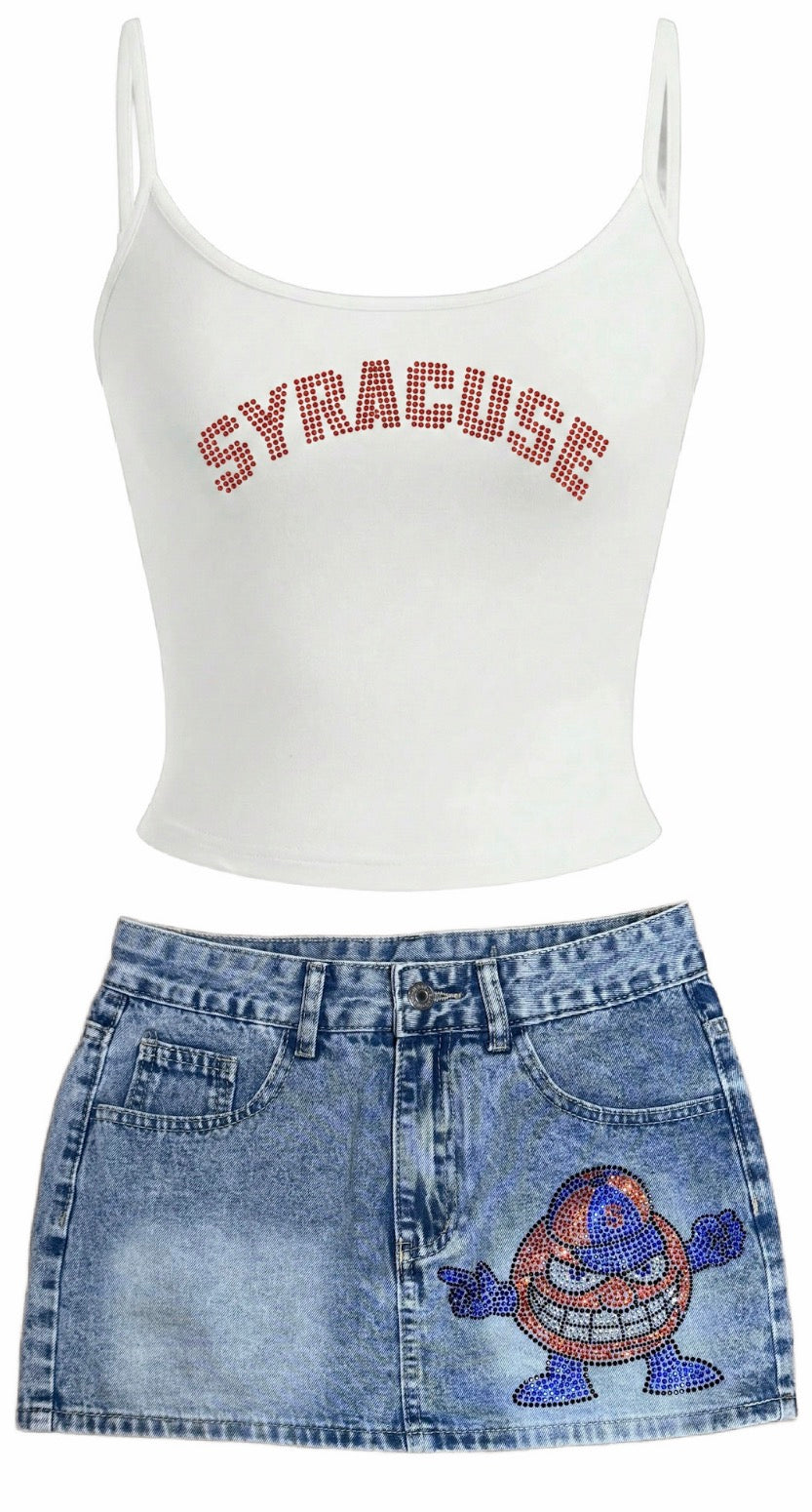 Custom low waist denim skirts with bling! Looks great paired with our bling tank tops! (ALL schools are available to order)