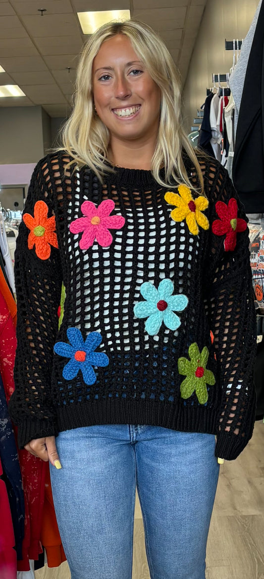 Black crochet top with multi colored flowers