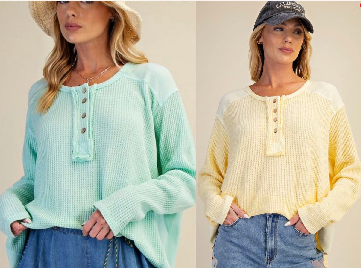 Soft thermal loose fit henley tops
