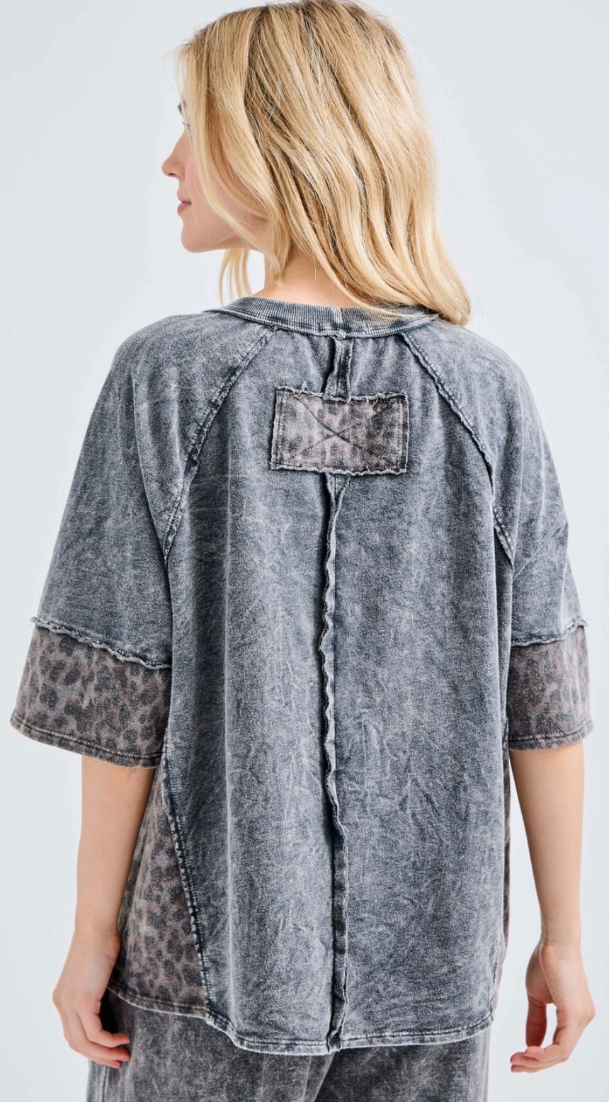 Mineral wash black top with leopard star and sleeve trim