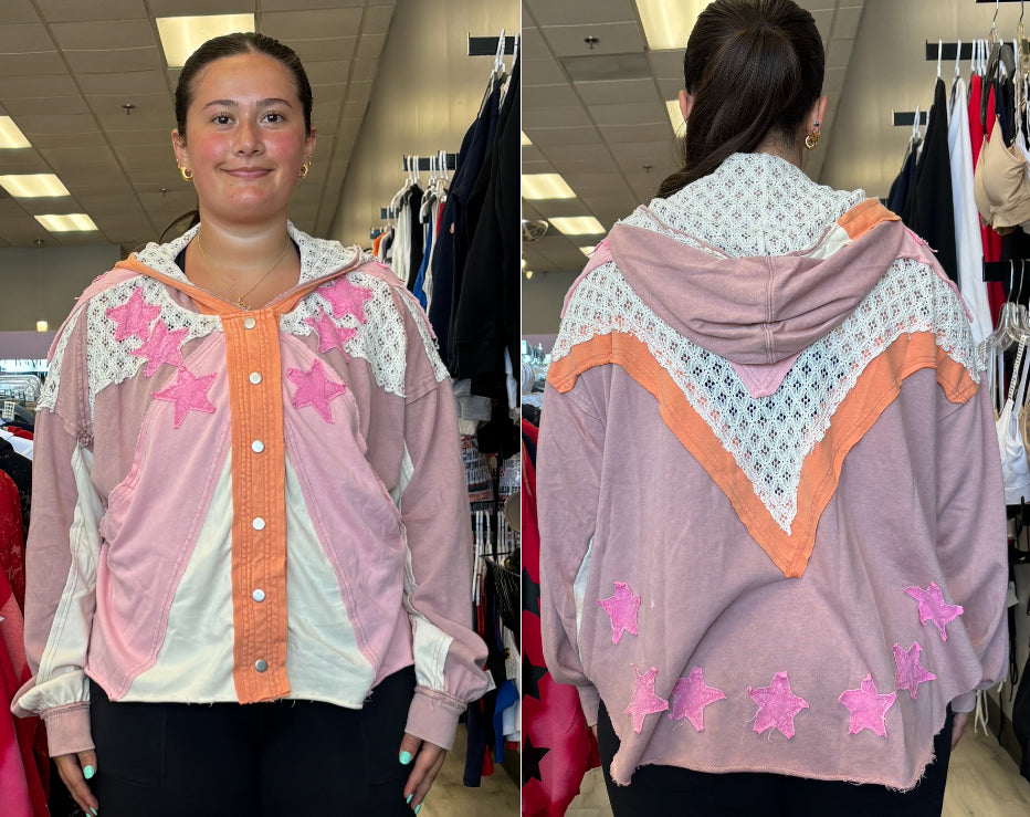 Loose fit snap front jacket pink mix with lace and star appliques (available up to XXL/2X)