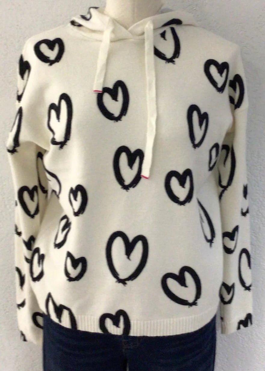 Charlie B white soft knit hoodie with black hearts, XS-XXL, 6th and final restock!