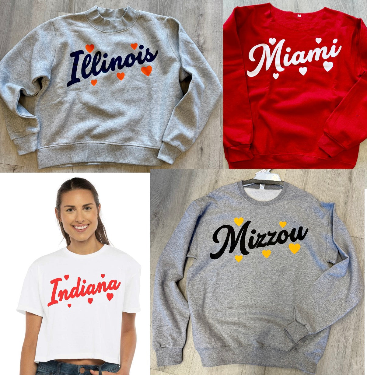 Custom heart design mock neck, crew, hoodie, tee or cut shoulder sweatshirt (available to order for ANY school, camp or anything else!) SEE MORE COLLEGE ITEMS BY CLICKING COLLEGE TAB!