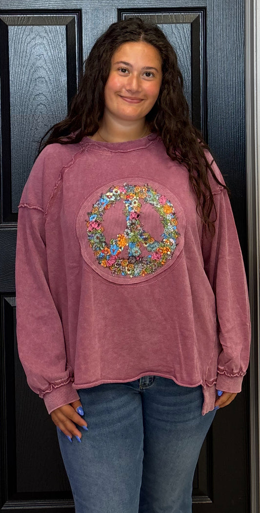 Mauve floral peace patch hi/lo knit top