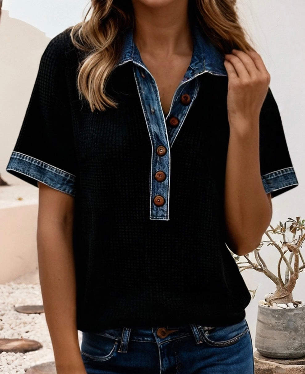 Arriving Thursday afternoon…Black henley top with denim neck trim and sleeves, available up to size 2X