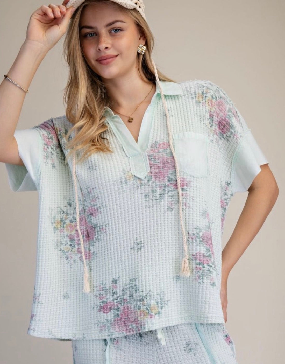 Mint waffle top with floral print