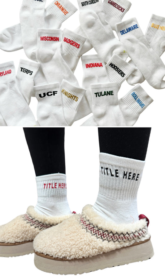 Custom ankle socks (order for ANY school, camp, team or any other saying)