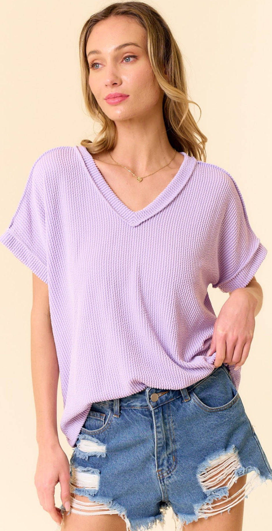 Ribbed short sleeve tops (blue crew and lilac v neck)