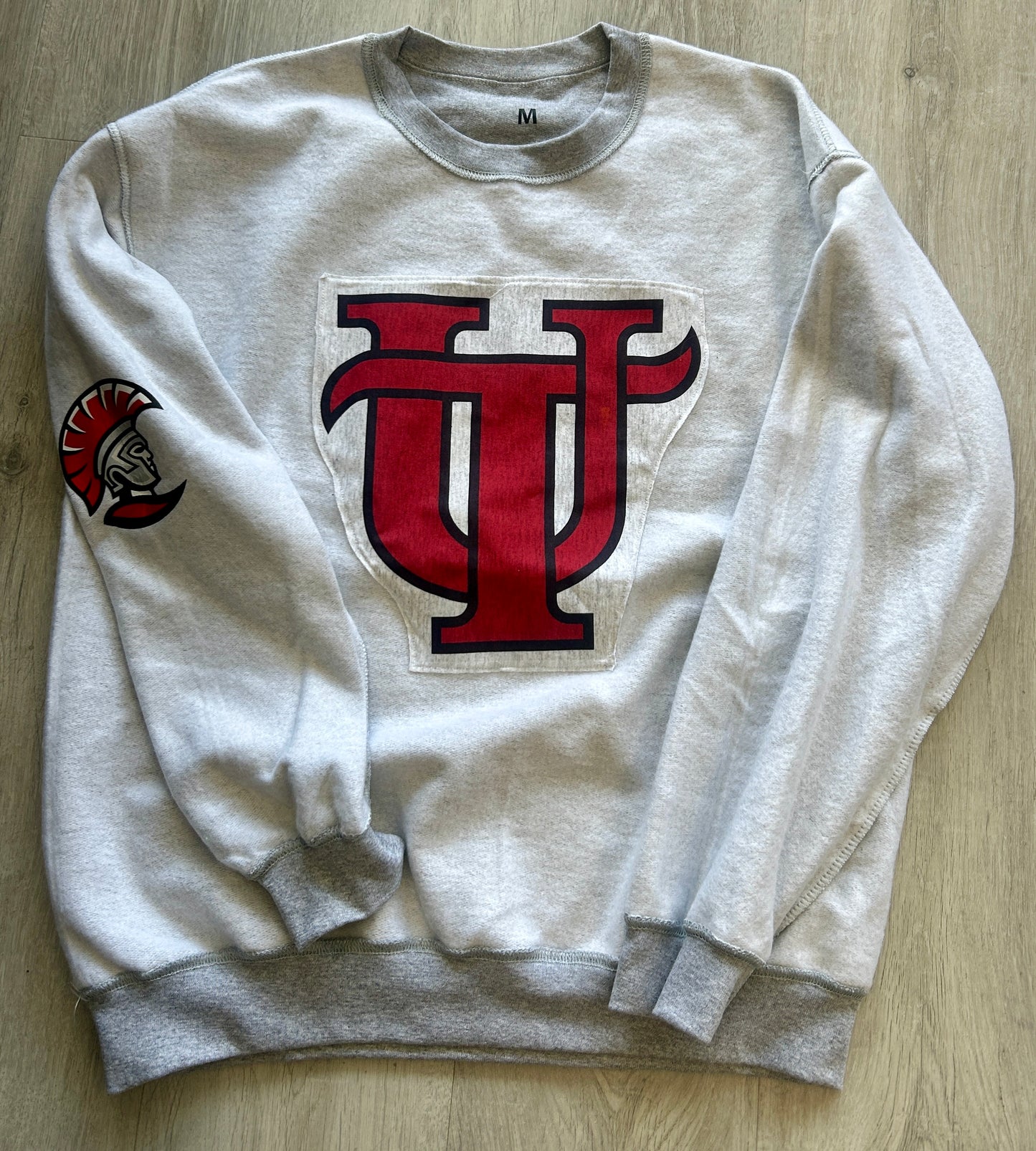 Custom reverse fleece crew neck sweatshirt with patch front and sleeve print on sleeves (can be made full length and ALL SCHOOLS are available to order)