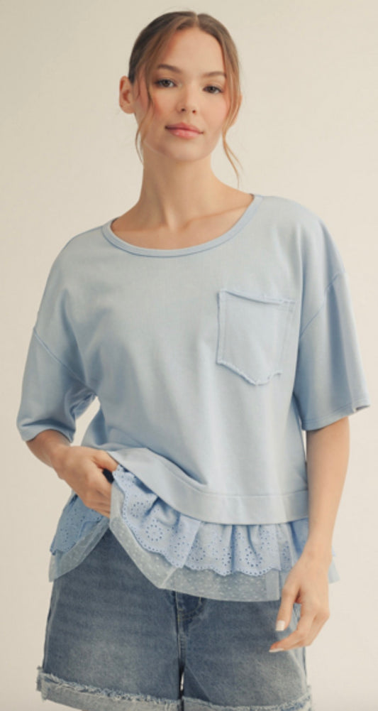 PREORDER NOW, Arriving Friday…Sky blue pocket top with eyelet bottom