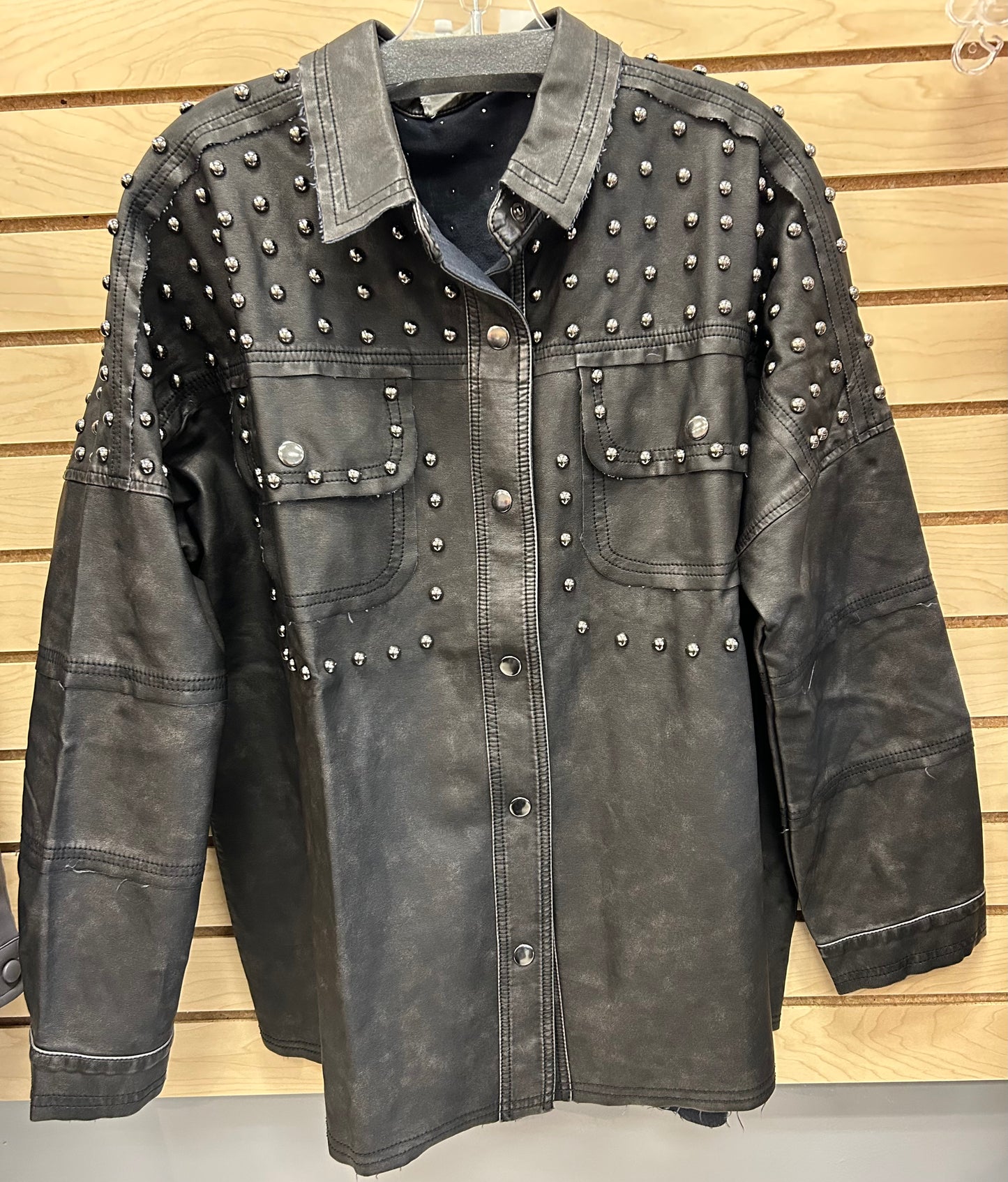 Black faux leather shacket with studs