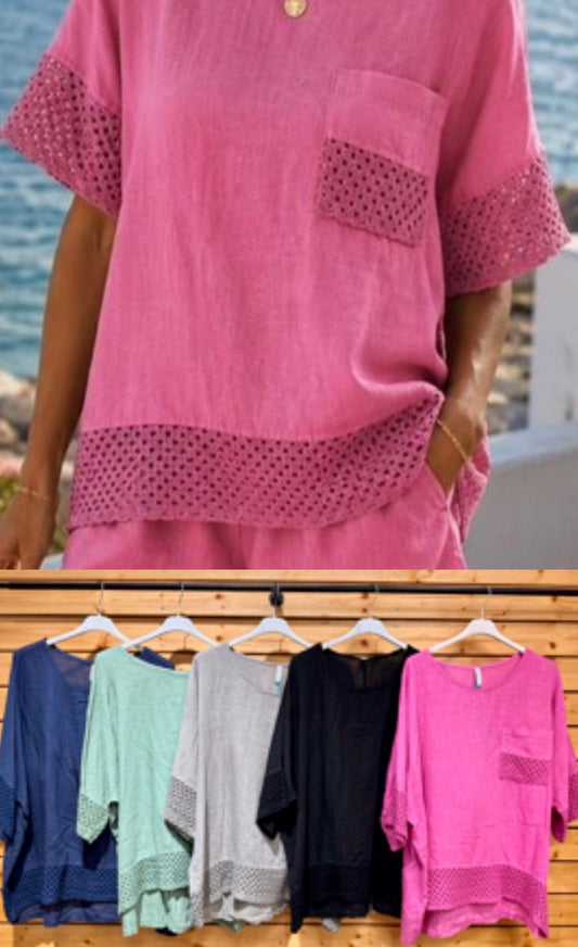 Lightweight linen loose fit top with net inserts, typically fits L/XL/XXL