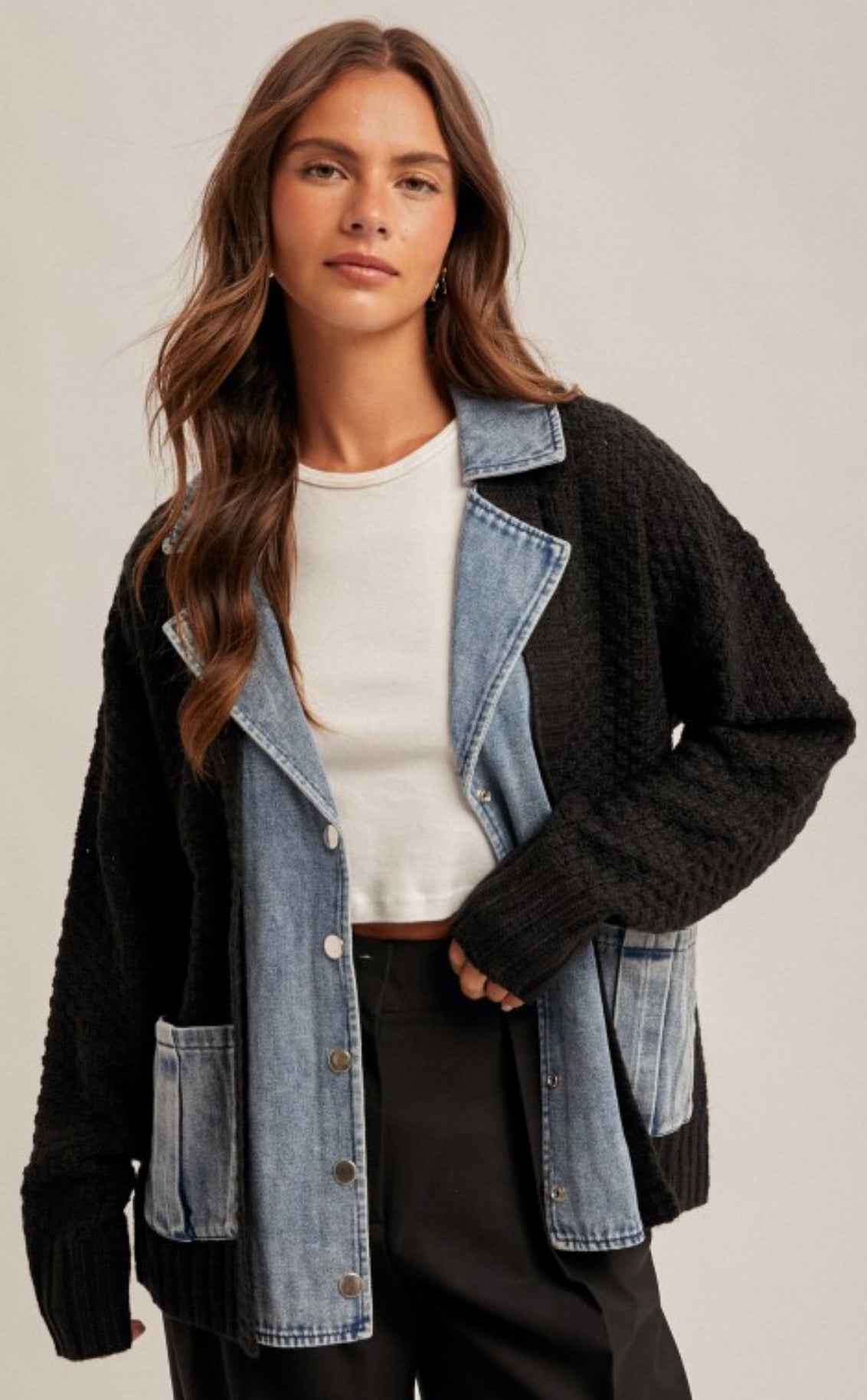 RESTOCKED! Black/denim sweater knit cardigan, BEST SELLER!
