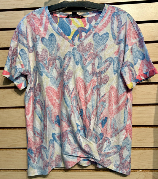 Charlie B twist front tee with graffiti hearts all over