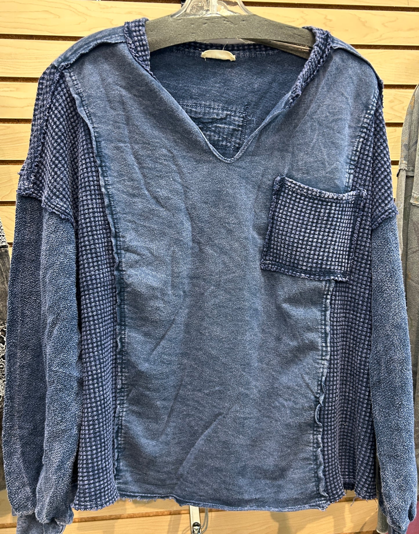 Navy loose fit top with thermal inserts and pocket