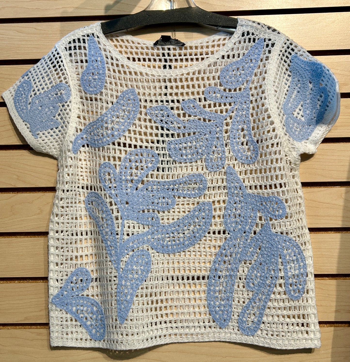 Charlie B white crochet top with blue floral pattern