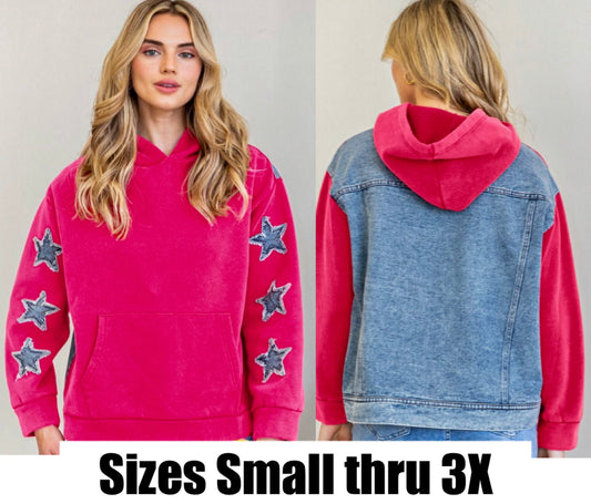 Pink sweatshirt with denim star sleeves and denim back, ALSO AVAILABLE IN PLUS SIZE