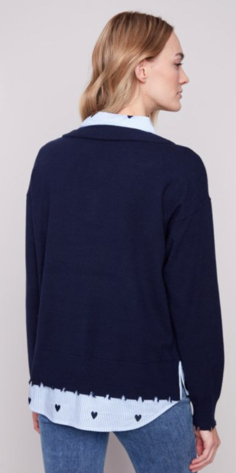 Charlie B navy 2 fer sweater with hearts blouse attached
