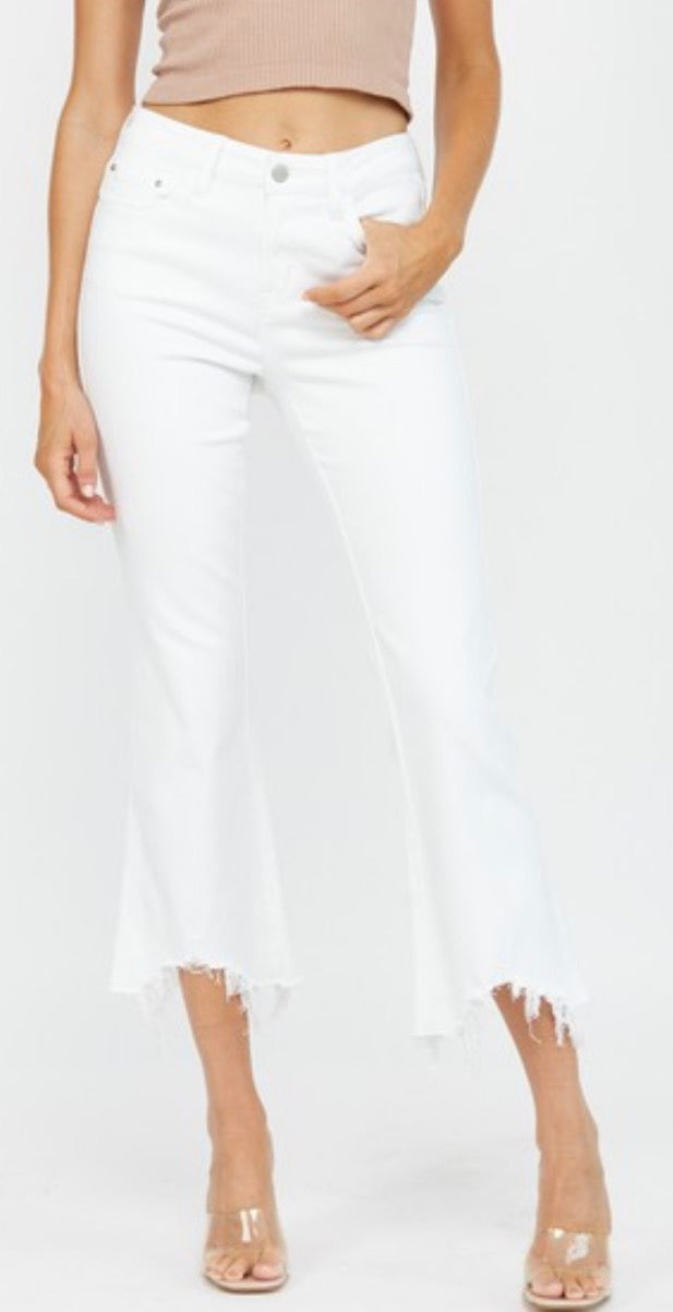 Mica white mid rise crop flare jeans with stretch and fray bottom