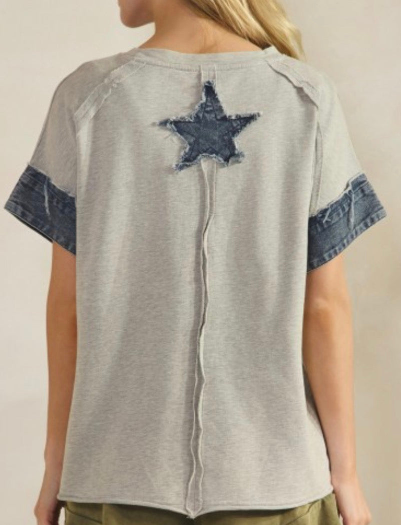 Grey top with denim star and sleeves