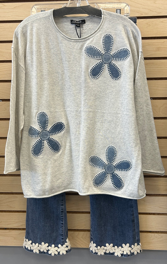 Charlie B off cream soft, lightweight sweater with floral denim patches
