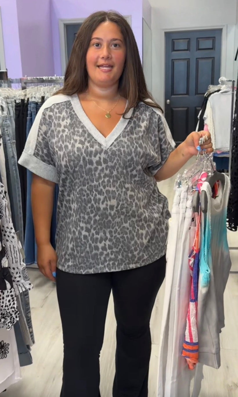 Grey leopard v neck loose fit top