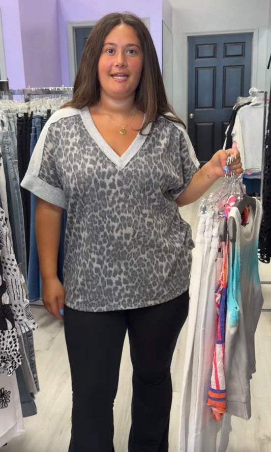 Grey leopard v neck loose fit top