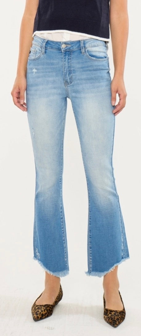Light wash crop flare jean with stretch