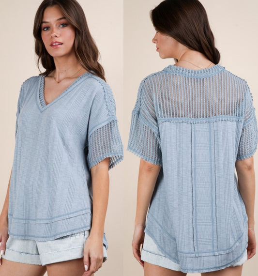 Sky blue short sleeve top with net inserts