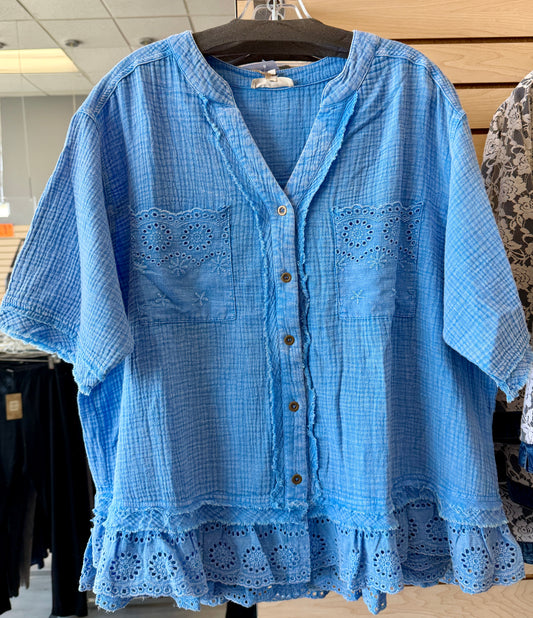 Blue gauze blouse with lace bottom and pockets (available in regular and plus sizes)