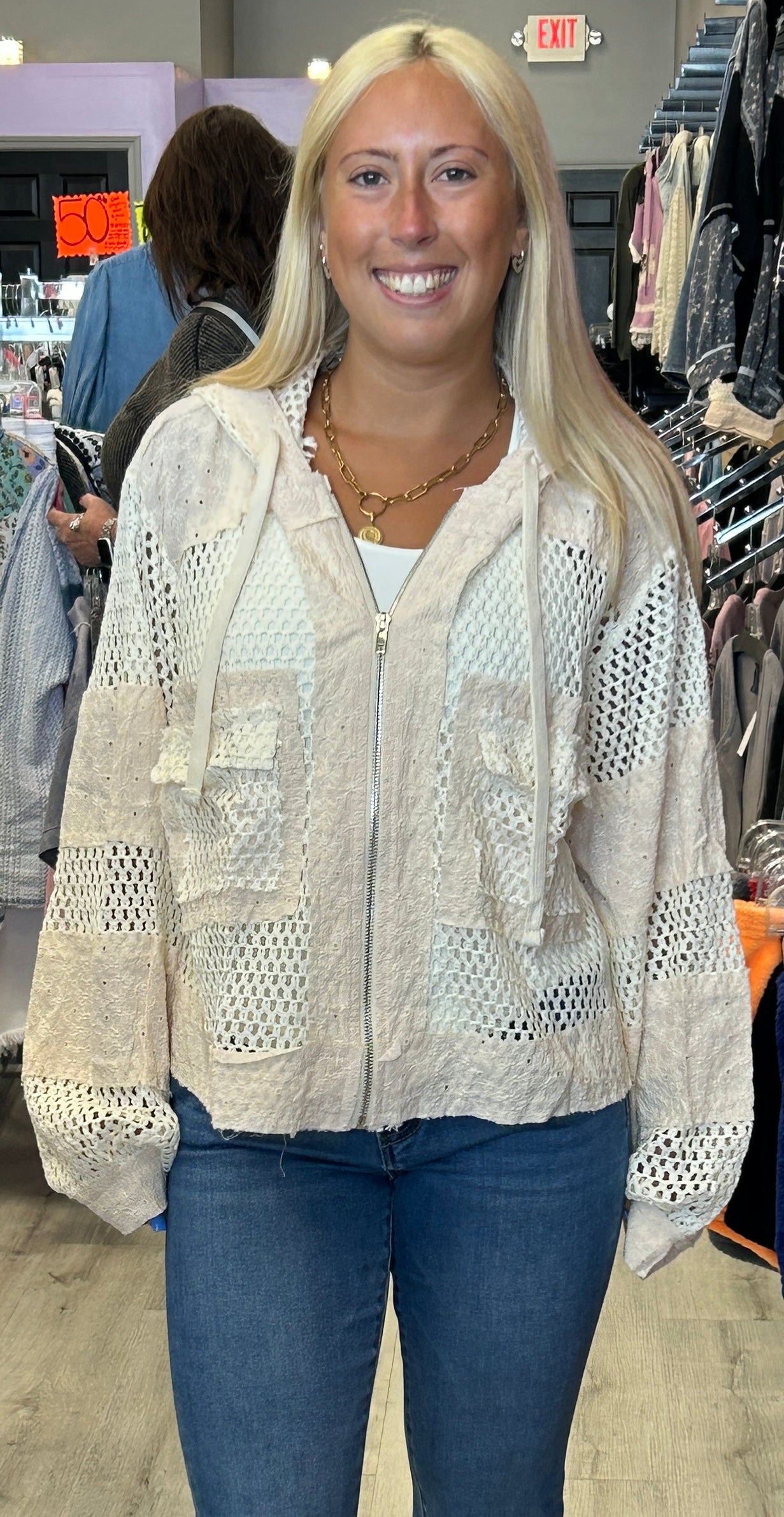 Tan net zip hoodie
