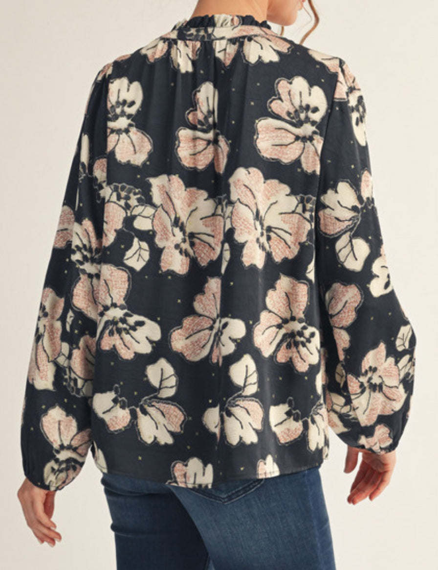 Black tie front top with tan flowers