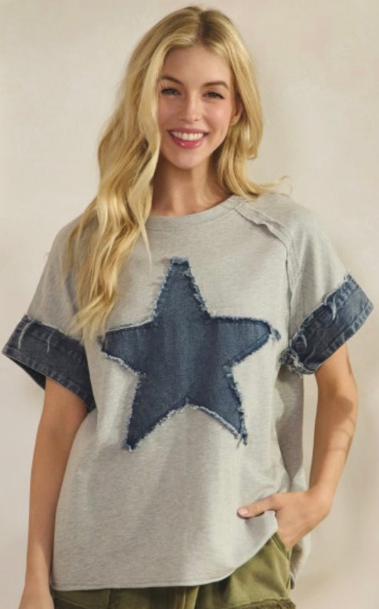 PREORDER NOW, Arriving Thursday…Grey top with denim star and sleeves