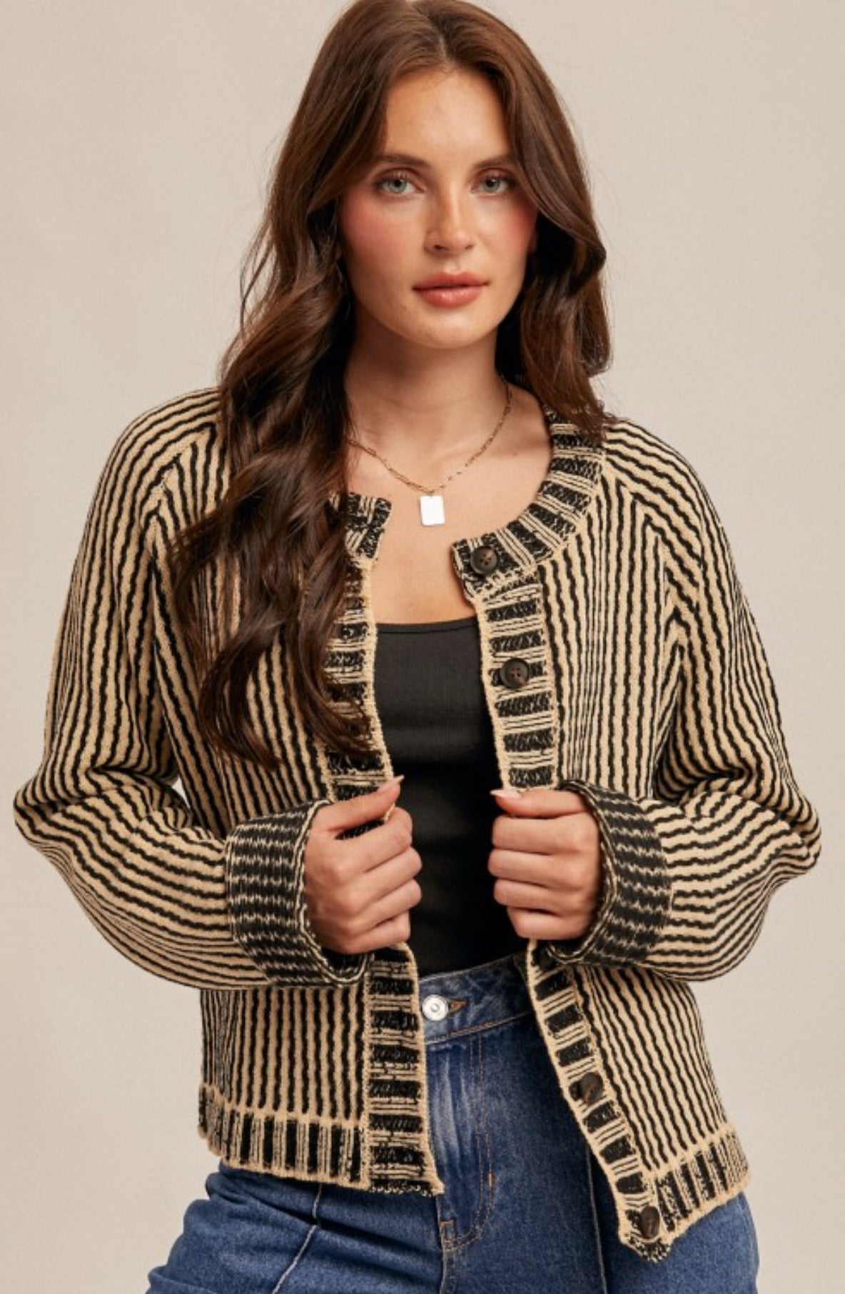 2 tone black/cream sweater knit cardigan