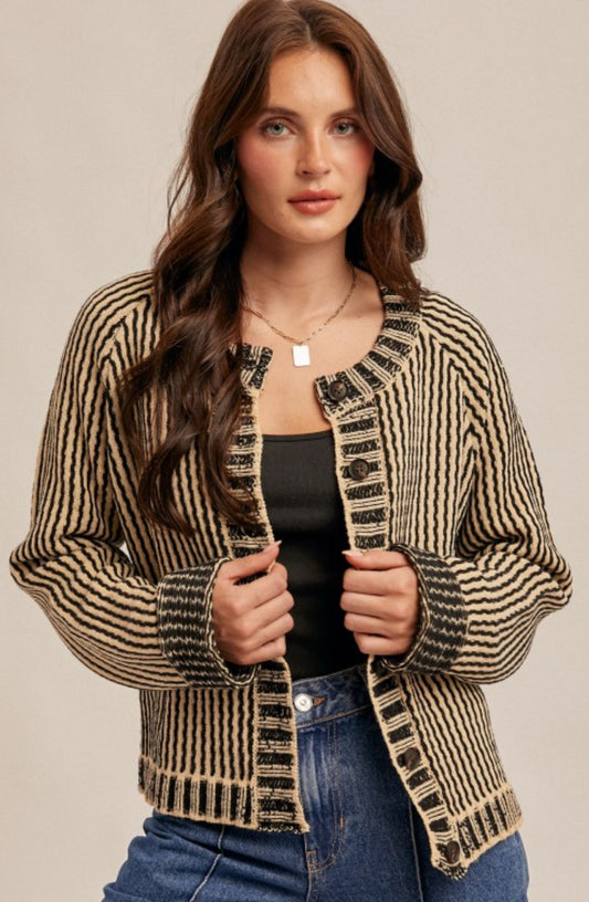 2 tone black/cream sweater knit cardigan