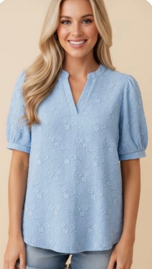 Baby blue top with tonal flowers