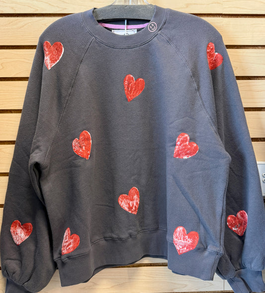 Charcoal grey sweatshirt with pink hearts all over