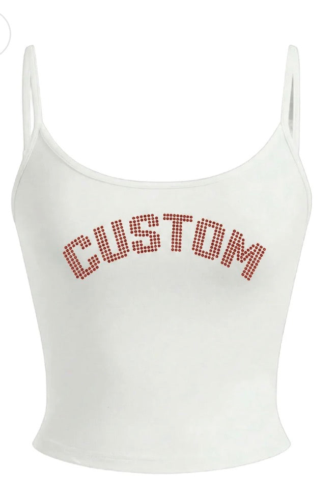 Custom bling arched title cami, see pic 2 for available schools & see colors options & info in item description