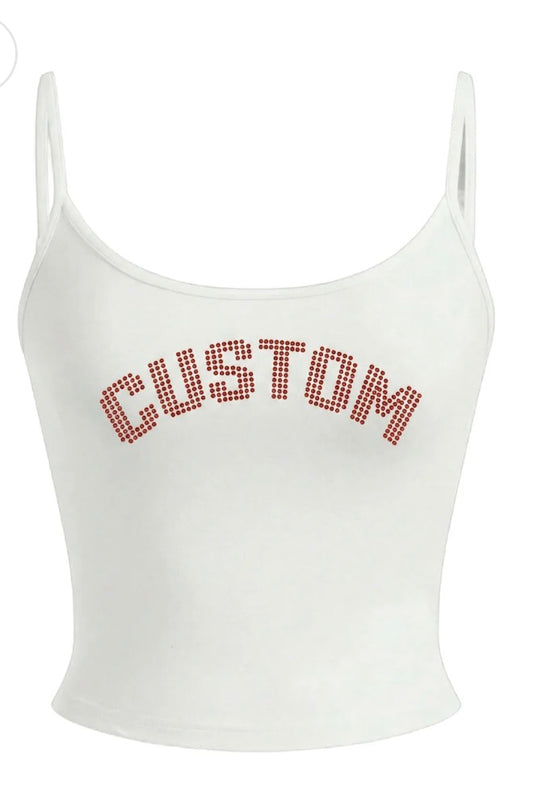 Custom & IN STOCK bling arched title cami, see pic 2 for available schools & see colors options & info in item description
