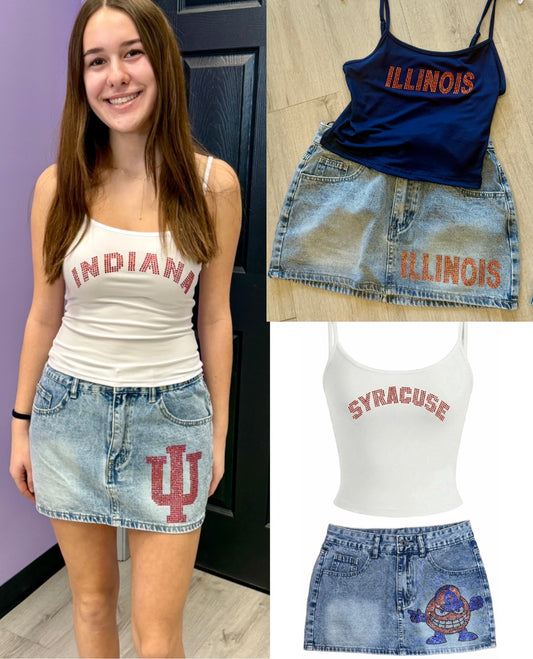 Custom low waist denim skirts with bling! Looks great paired with our bling tank tops! (ALL schools are available to order)