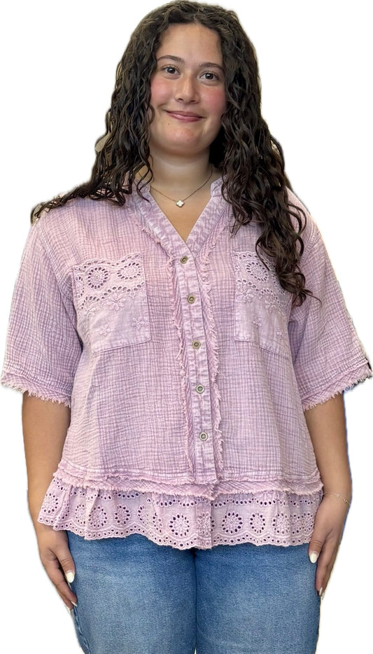 Lilac loose fit blouse with eyelet detail