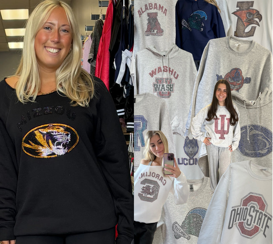 In stock & Custom bling sweatshirt (Most schools available to order, see pic 2 for options & available up to 3X)